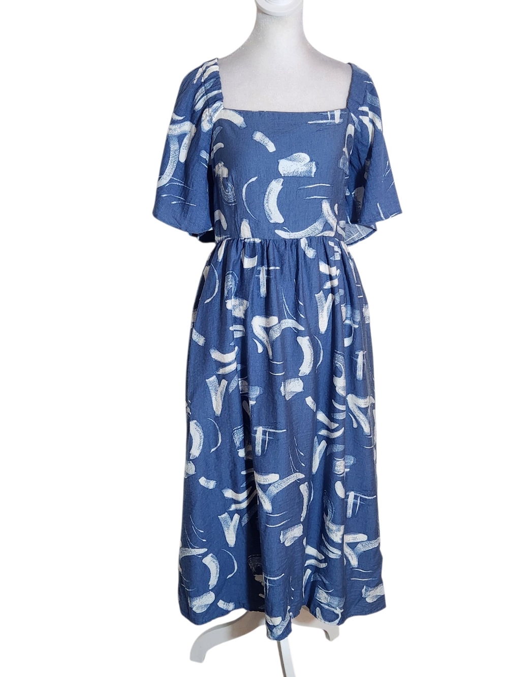 A New Day Blue and White Print Square Neck Midi Dress with Cutout Size Large